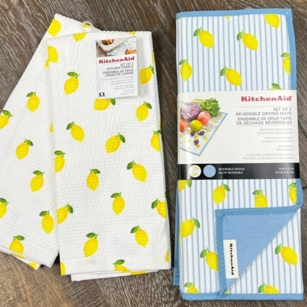 KitchenAid - ‘Lemons - combo bundle’ dish towels(2) & drying mats(2). NWT. Firm!